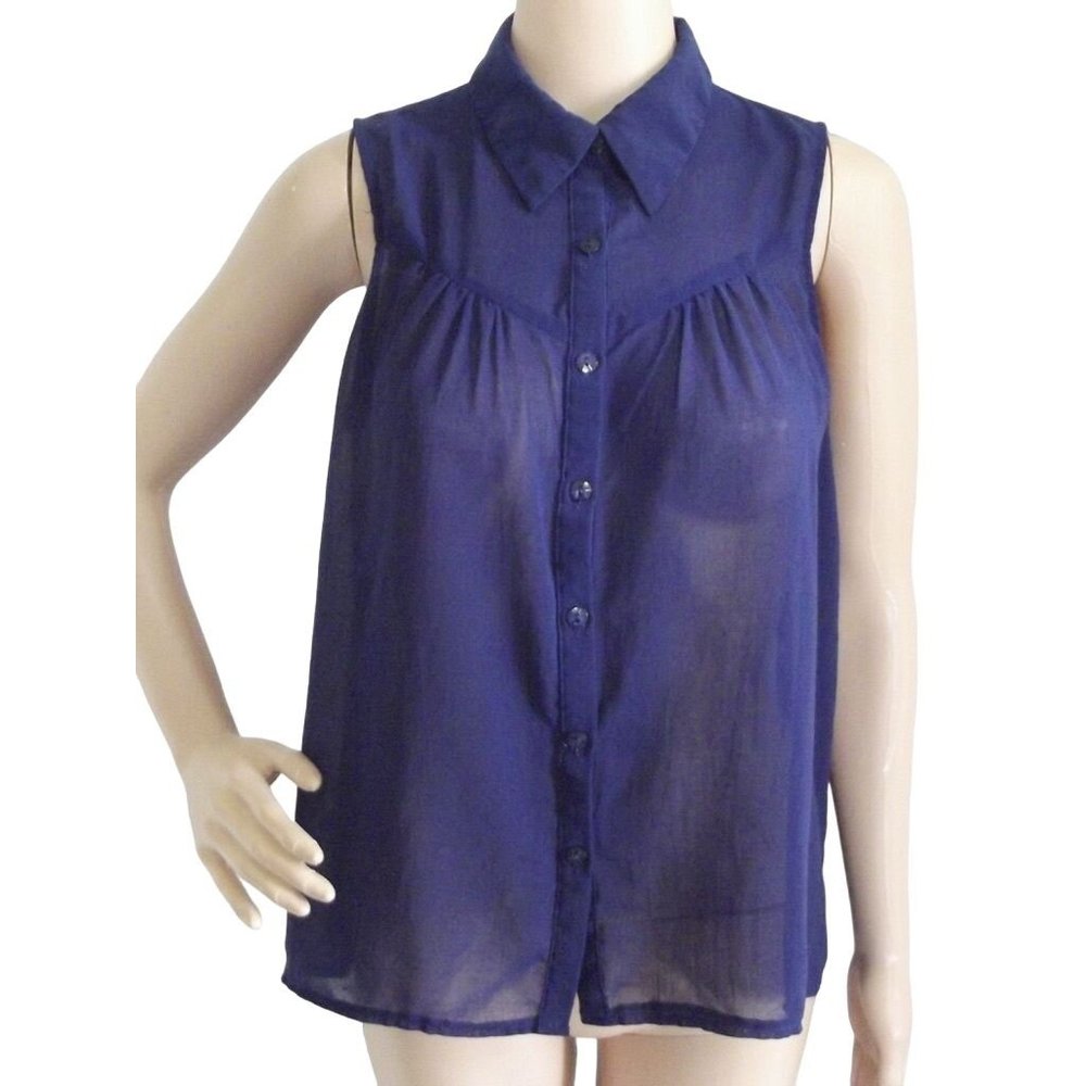 Paper Crane Blouse Medium Sleeveless Sheer Button Down w/collar hi lo Shirt Blue